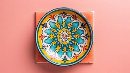 Top-View Minimalist Portuguese Ceramic Plate on Coral Pink Square Coaster

