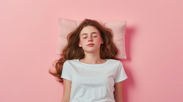 a young woman sleeping on pillow isolated on pastel pink colored background Sleep deeply peacefully rest. Top above high angle view photo portrait of satisfied .senior wear white shirt