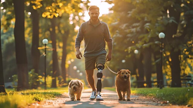 Middle aged positive man with prosthetic leg walks with dogs in sunny park. Adaptation and self-acceptance after injury during rehabilitation.
