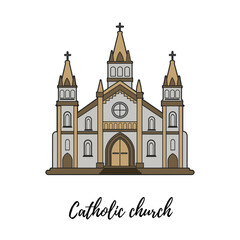 Catholic church on a white background. Vector illustration. Simple lines, great for any designs, for web.