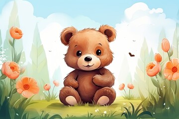 cute little bear in nature childish illustration