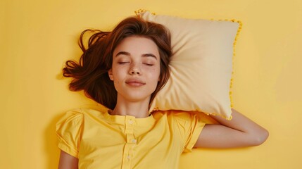 a young woman sleeping on pillow isolated on pastel pink colored background Sleep deeply peacefully rest. Top above high angle view photo portrait of satisfied .senior wear yellow shirt