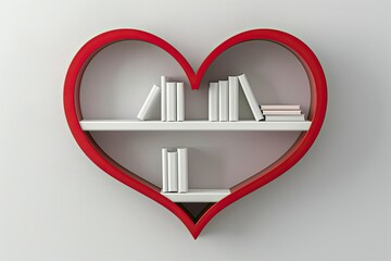 elegant white and red wooden wall hanging bookshelf with love shape isolated on white 
