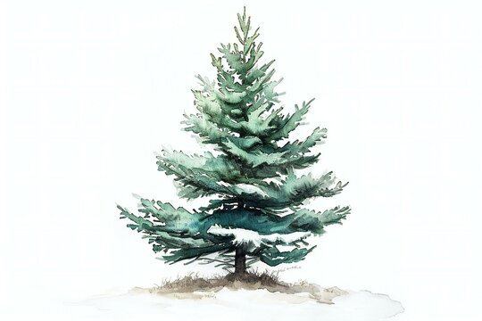 Pine tree isolated on white background,  Hand drawn watercolor illustration