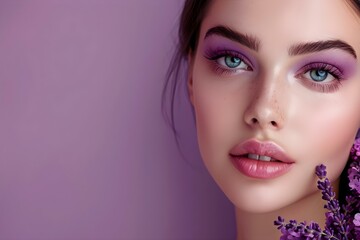 Professional Lavender Makeup Look with Copy Space. Concept Makeup Tutorial, Lavender Eyeshadow, Beauty Tips, Copy Space Photography