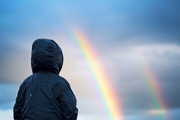 boy in hooded jacket marveling at a rainbow - obrazy, fototapety, plakaty