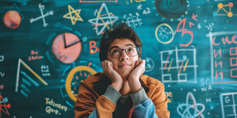 Schoolboy surrounded by numbers, equations and mathematical operations, thoughtful and concentrated look