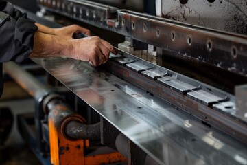hands placing a metal sheet in a press brake - obrazy, fototapety, plakaty