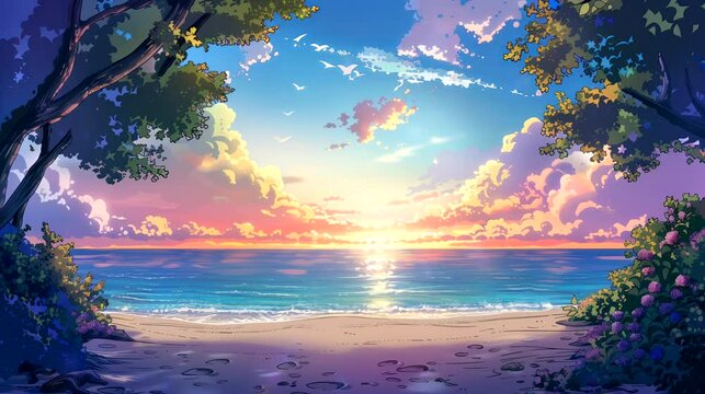Island paradise with palm-fringed beaches. Fantasy landscape anime or cartoon style, looping 4k video animation background