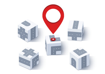 GPS tracking system navigation. Red marker or pin on one of the boxes as a goal located near 3d boxes with roads. Vector illustration isolated on a white background.
