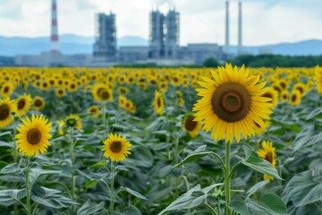 sunflower field in bloom, cooling towers of factory in backdrop