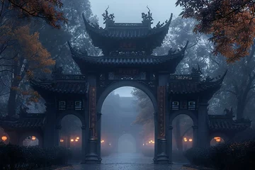Foto op Plexiglas Beautiful landscape with ancient Chinese gate in a foggy forest © Cuong