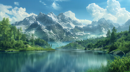 lake and green mountains beautiful landscape 