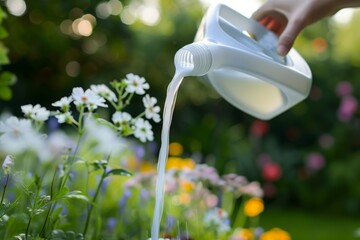 person pouring detergent, with a blurred backdrop of garden flowers