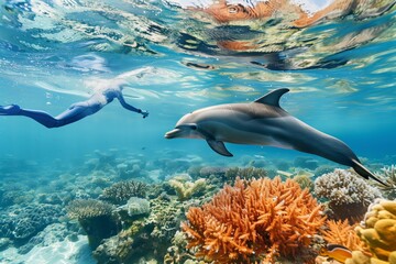 person snorkeling above a dolphin passing by coral reefs