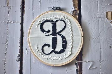 a hoop with a nearly finished embroidered monogram