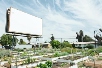 blank billboard towers over small garden plots in a community area
