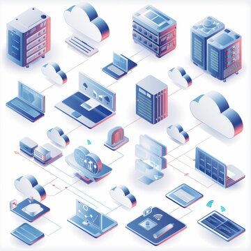 A sleek set of isometric illustrations showing modern network technology with interconnected devices and cloud storage ideal for contemporary tech stock imagery