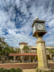 Clock Tower outside with blue skies, clouds, in historic downtown St. Augustine Visitor Center