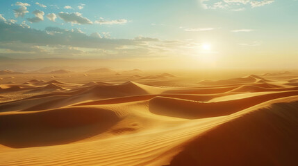 Fototapeta na wymiar Desert landscape with sand dunes, sultry sun. Extreme adventure concept. Generative AI