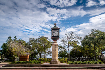 Clock Tower outside with blue skies, clouds, in historic downtown St. Augustine Visitor Center