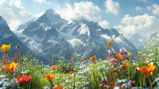 Meadow with flowers and mountains. 
