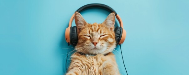 portrait of a sleeping cat with headphones on blue background
