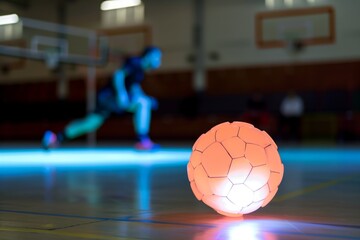 brightly lit ball on indoor court with player lunging in background