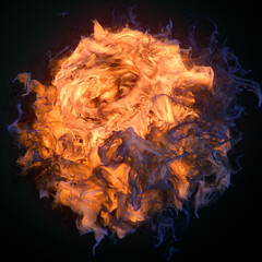 A fireball engulfed in a swirl of bright orange flames and blue smoke. 3d rendering digital illustration