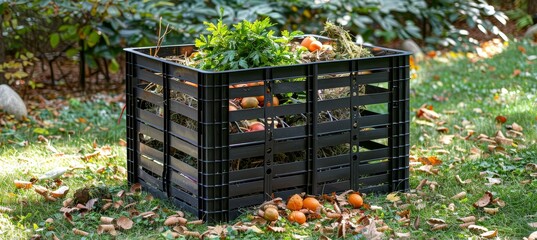 Organic waste compost bin with food scraps and grass clippings for sustainable gardening