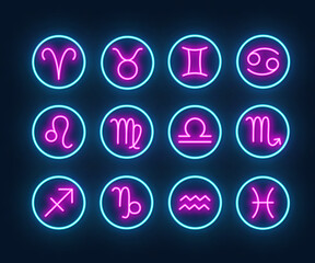 Neon Zodiac Signs Vector Set, Horoscope Symbols on Dark Background.