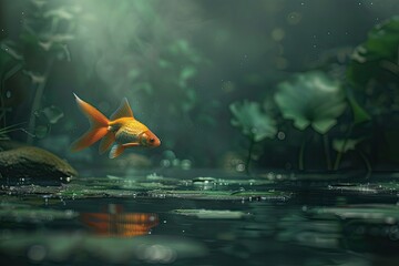 A tiny goldfish making wishes come true in a mystical pond - obrazy, fototapety, plakaty