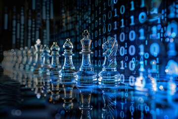 A row of glass chess pieces stand tall in front of a vibrant digital background, poised for battle in an alternate dimension.