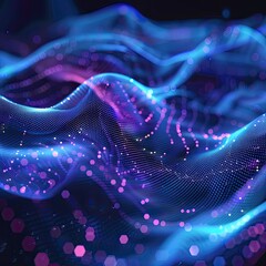 A digital wave pattern composed of vibrant blue and purple lights representing data flow - obrazy, fototapety, plakaty