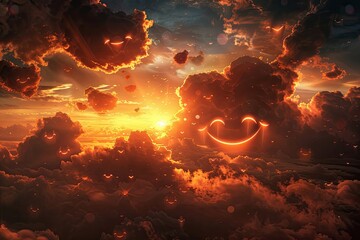 A dreamy landscape where clouds are shaped like symbols of happiness: hearts smiles