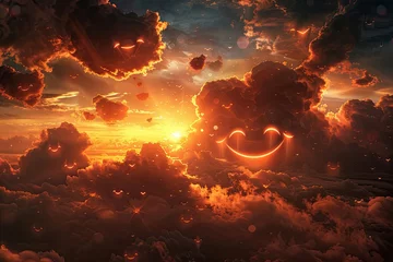 Gordijnen A dreamy landscape where clouds are shaped like symbols of happiness: hearts smiles © AI Farm