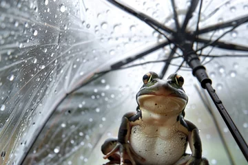 Foto op Canvas a frog sitting under a clear umbrella, raindrops visible © Alfazet Chronicles
