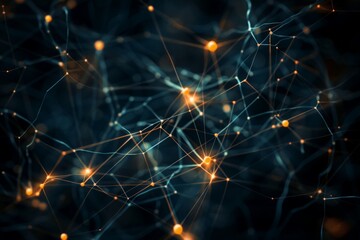 Dark background illuminated by glowing lights and lines forming an isolated neural network diagram.