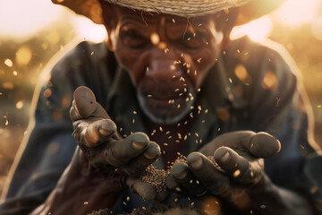A seasoned farmer sows seeds with weathered hands, his figure backlit by the setting sun's golden glow, highlighting the dignified toil of rural life. - obrazy, fototapety, plakaty