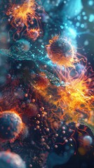 Obraz premium An abstract visualization of a cells immune response with vibrant explosions representing the defense mechanism