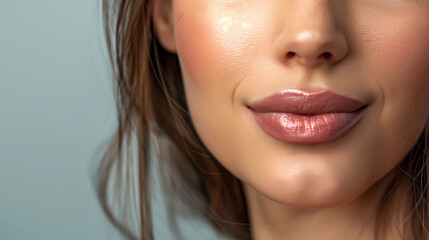 Perfect natural lip makeup. Close up macro photo with beautiful female plump full lips. Close-up face detail. Perfect clean skin, light fresh lip make-up. Perfection, wellness, wellbeing concept - obrazy, fototapety, plakaty