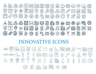 Fototapeta na wymiar Innovative Icons, Vector creativity icons. Editable Stroke. Idea generation, concentration, problem solving, motivation, reward, vision, originality, innovation.