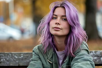 Portrait of a beautiful girl with purple hair in the autumn park