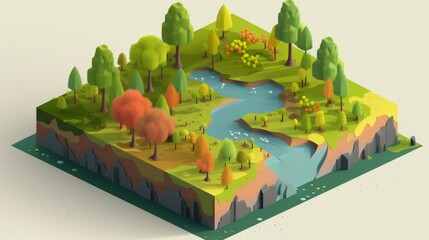 An isometric digital art piece featuring a stylized river cutting through a colorful, forested landscape with cliffs and diverse vegetation.