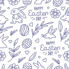 Obraz na płótnie Canvas Seamless hand-drawn pattern of rabbits, bunnies, eggs, hearts, flowers, and leaves on a white background. Vector illustrations.