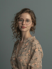 A young woman wearing glasses and a floral blouse smiles gently in a well-lit studio setting