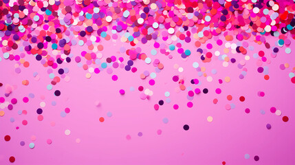 Top view copy space pink magenta background with confetti of various colors.  Party decoration. Frame of colored confetti. Copy space