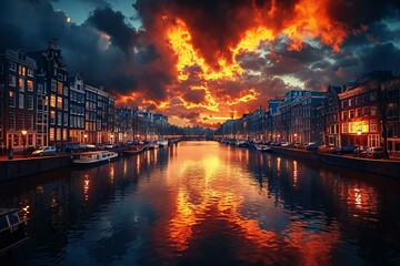 Amsterdam canal at sunset,  Holland, Netherlands,  Travel background - obrazy, fototapety, plakaty