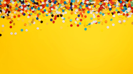 Top view copy space yellow background with confetti of various colors.  Party decoration. Frame of colored confetti. Copy space