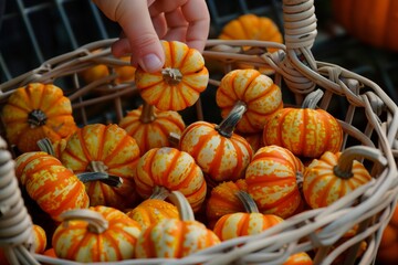 basket filled with mini pumpkins and a hand reaching for one